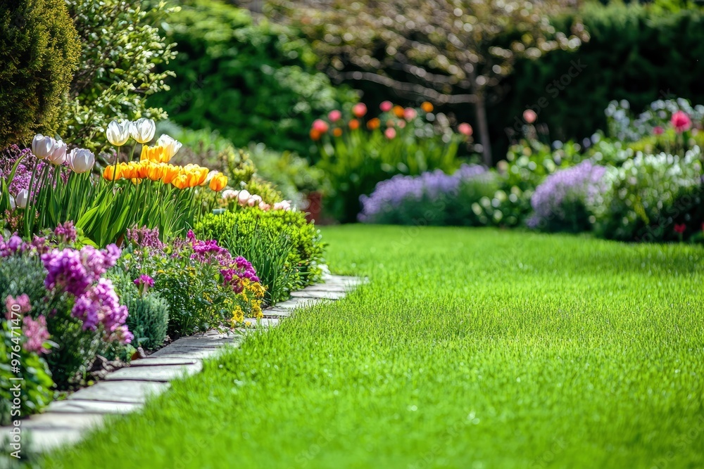 Fototapeta premium Beautiful spring garden. The green lawn emphasizes the blooming flowers in the garden. A diverse spectrum of colorful flowers, panoramic views of natural beauty , ai