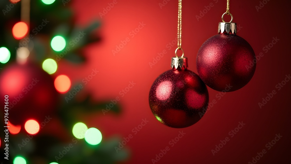 Fototapeta premium Red Christmas baubles on a tree with glowing bokeh lights in the background