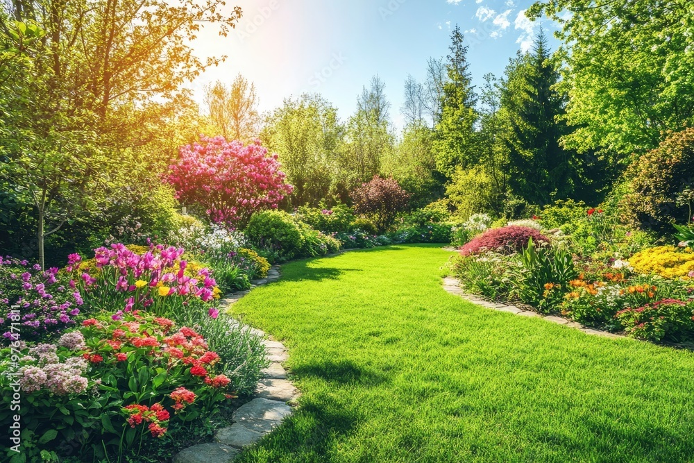 Fototapeta premium Beautiful spring garden. The green lawn emphasizes the blooming flowers in the garden. A diverse spectrum of colorful flowers, panoramic views of natural beauty , ai