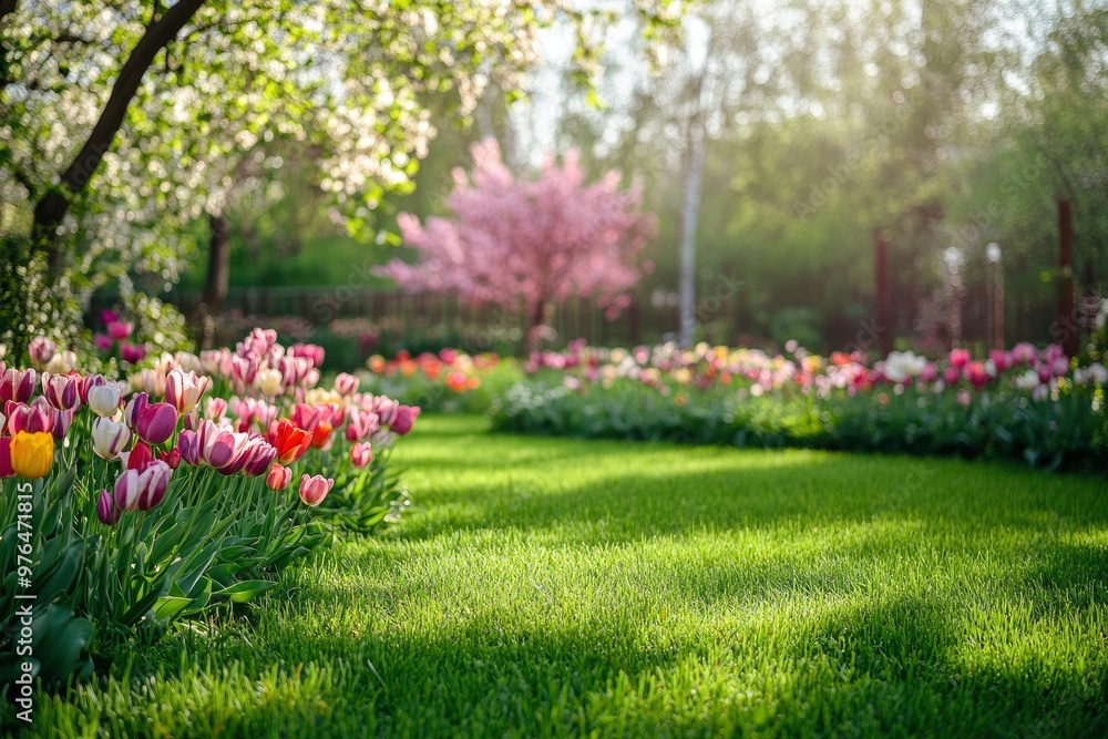 Beautiful spring garden. The green lawn emphasizes the blooming flowers in the garden. A diverse spectrum of colorful flowers, panoramic views of natural beauty , ai Beautiful spring garden. The green lawn emphasizes the blooming flowers in the garden. A diverse spectrum of colorful flowers, panoramic views of natural beauty , ai