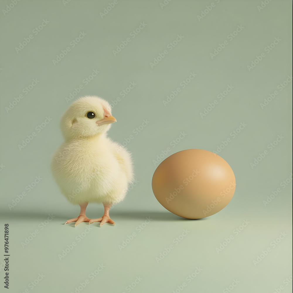 A fluffy chick standing next to a fresh egg, symbolizing new life and innocence in a serene, pastel setting. A fluffy chick standing next to a fresh egg, symbolizing new life and innocence in a serene, pastel setting.