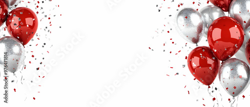 A festive arrangement of red and silver balloons with confetti, perfect for celebrations and party decorations.