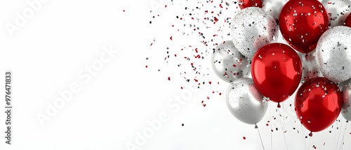 A festive arrangement of red, silver, and white balloons with colorful confetti, perfect for celebrations and special occasions.
