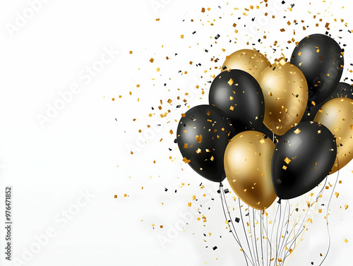 A festive collection of black and gold balloons, sprinkled with confetti, perfect for celebrations and special events. photo