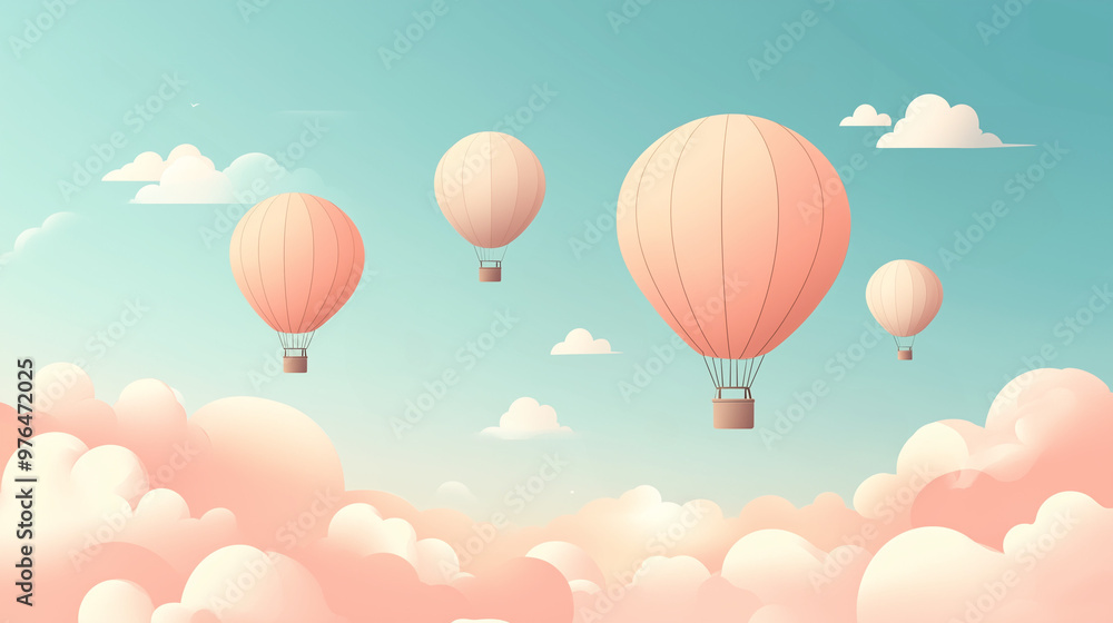 Fototapeta premium Minimalist Illustration of Hot Air Balloons Floating Among Pink Clouds