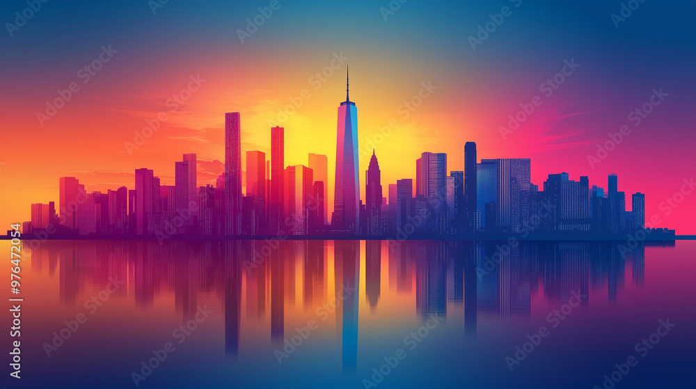 Modern City Skyline with Gradient Sunset in Vector Graphic Modern City Skyline with Gradient Sunset in Vector Graphic