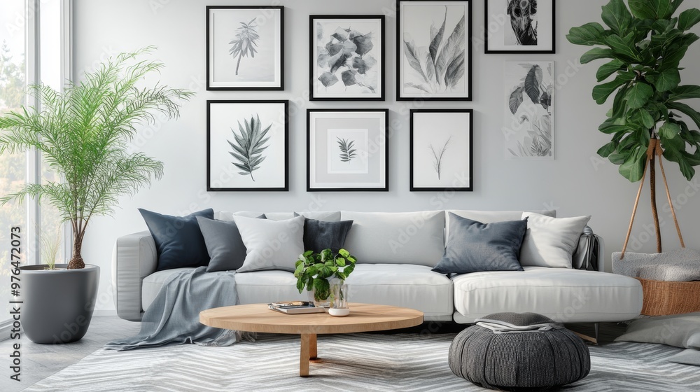 Fototapeta premium Female Hands Framing Custom Living Room Drawing Photograph Combination.