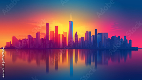 Modern City Skyline with Gradient Sunset in Vector Graphic