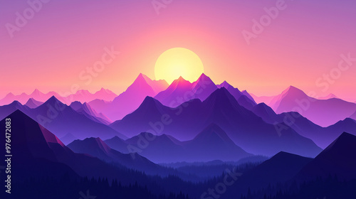 Vector Graphic of Vibrant Mountain Range with Gradient Colors at Sunrise