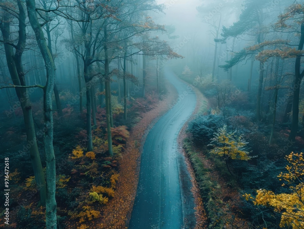 Misty road winding through a tranquil forest, surrounded by autumn foliage and a serene atmosphere. Misty road winding through a tranquil forest, surrounded by autumn foliage and a serene atmosphere.