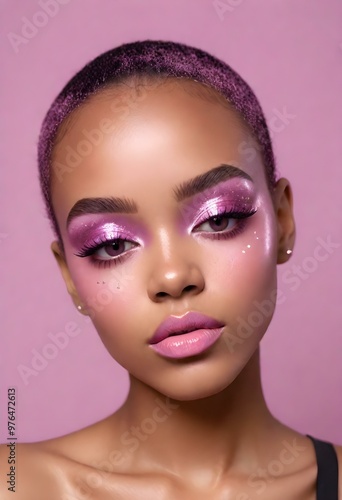 Young adult African American female with glittery pink makeup around her eyes, pink lipstick, and groomed eyebrows, against a plain light purple background.