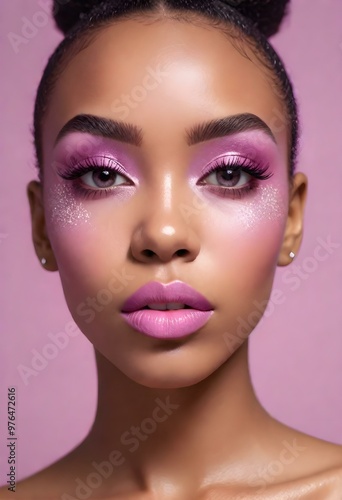 Young adult African American female with glittery pink makeup around her eyes, pink lipstick, and groomed eyebrows, against a plain light purple background.