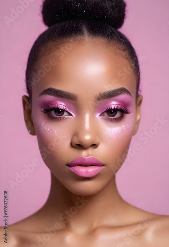 Young adult African American female with glittery pink makeup around her eyes, pink lipstick, and groomed eyebrows, against a plain light purple background.