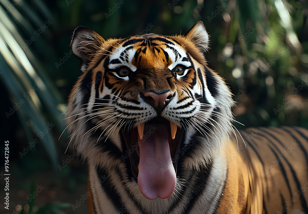 Obraz premium A majestic tiger roaring in the jungle, showcasing its striking colors and fierce presence amidst the lush greenery.