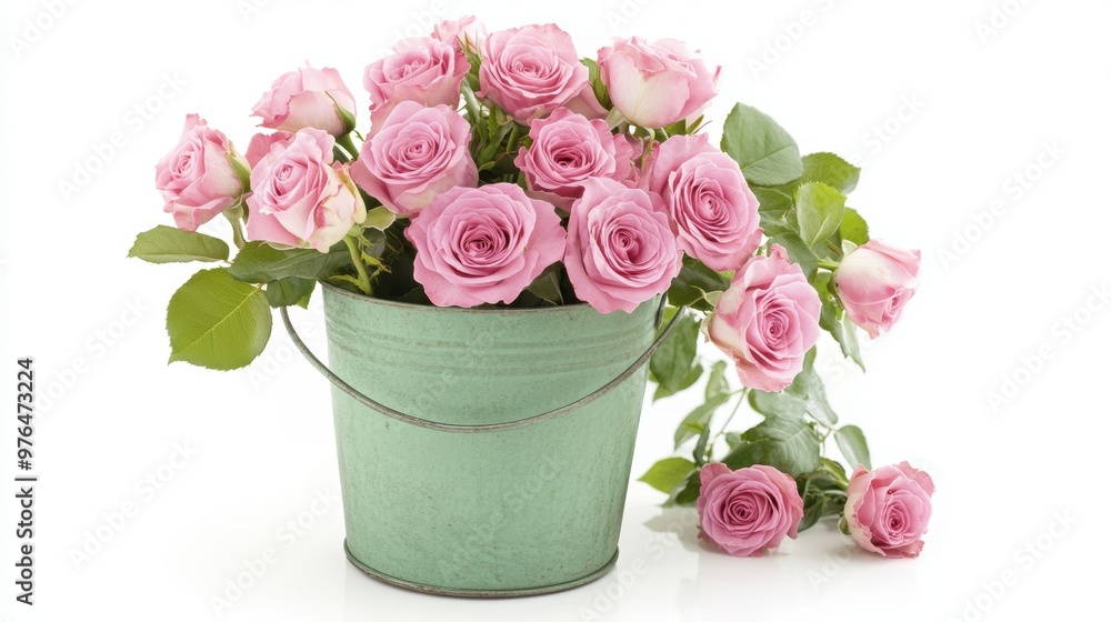 Pink rose bouquet in a green bucket isolated on white background Pink rose bouquet in a green bucket isolated on white background