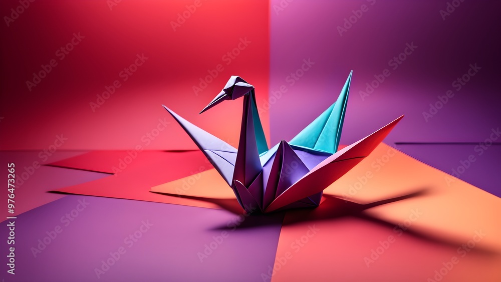 Fototapeta premium A colorful origami swan crafted from paper sits on a vibrant red, purple, and orange background.
