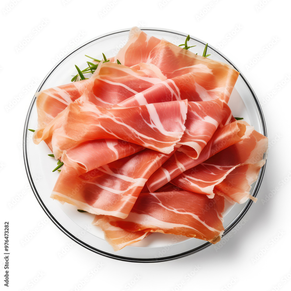 Plate of Thinly Sliced Prosciutto Isolated on a white Background Plate of Thinly Sliced Prosciutto Isolated on a white Background