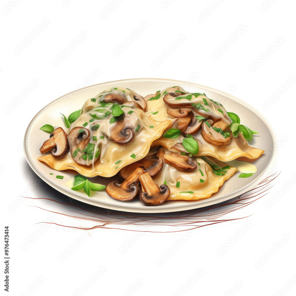 Delicious Plate of Mushroom Ravioli Isolated on a White Background Delicious Plate of Mushroom Ravioli Isolated on a White Background
