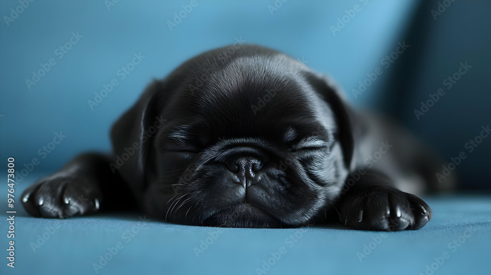 A peaceful sleeping black pug puppy on a blue couch, radiating cuteness and tranquility in a cozy home environment. A peaceful sleeping black pug puppy on a blue couch, radiating cuteness and tranquility in a cozy home environment.
