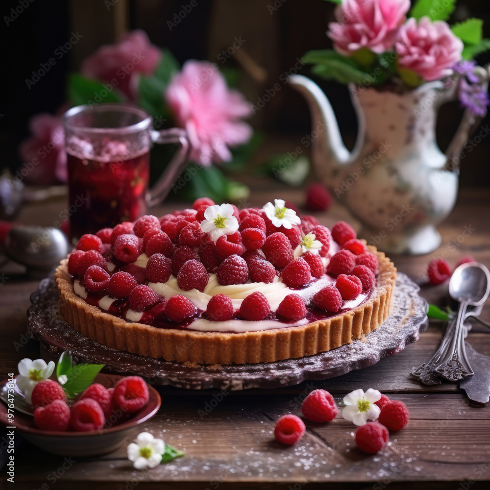 Beautiful Raspberry Tart on a Wooden Table with Spring Flowers Beautiful Raspberry Tart on a Wooden Table with Spring Flowers