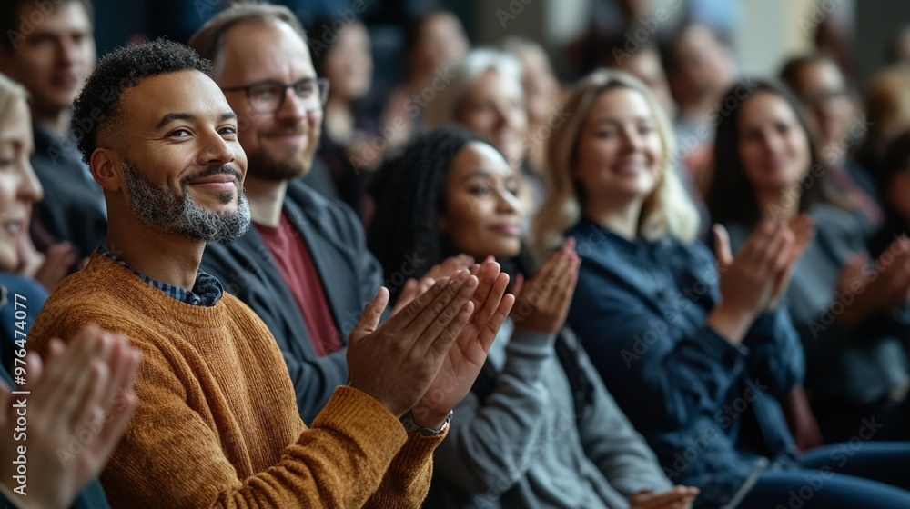 Diverse audience members applaud enthusiastically at an event, with a bearded man in an orange sweater prominently featured in the foreground, capturing the energy of the moment. Diverse audience members applaud enthusiastically at an event, with a bearded man in an orange sweater prominently featured in the foreground, capturing the energy of the moment.