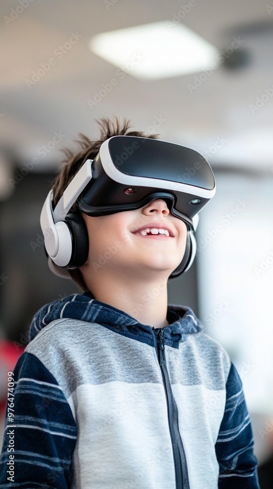 Young child experiencing virtual reality with a VR headset and headphones, smiling with excitement as they explore a digital world. Young child experiencing virtual reality with a VR headset and headphones, smiling with excitement as they explore a digital world.