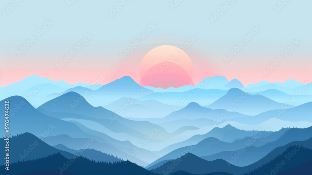 Fototapeta premium Sunrise over the mountains flat isolated illustration. Serene and picturesque landscape design. Nature and outdoors concept.