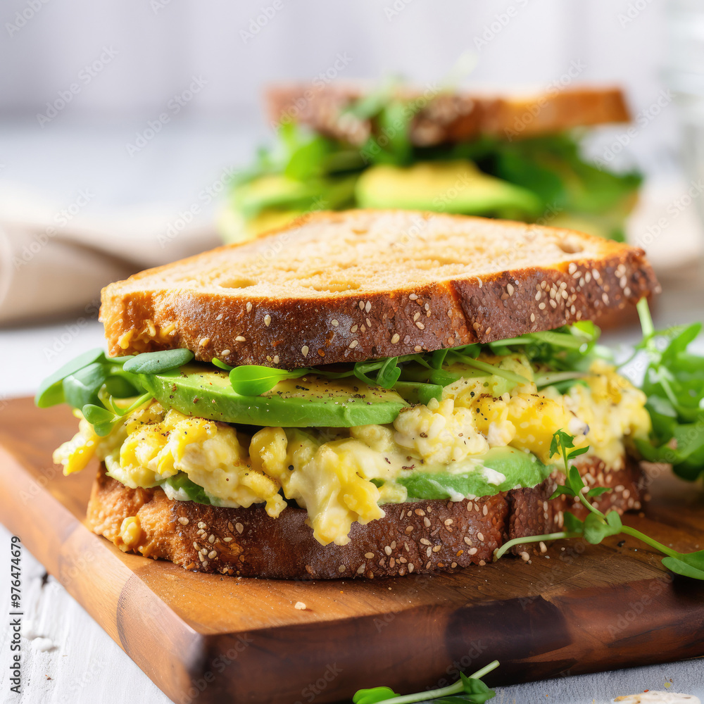 Delicious Breakfast Sandwich with Scrambled Egg and Avocado on a White Background Delicious Breakfast Sandwich with Scrambled Egg and Avocado on a White Background