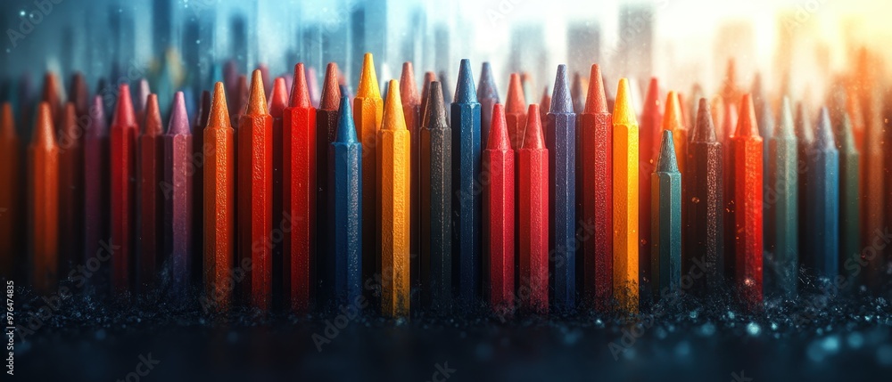Colorful Crayons Standing Tall on a Dusty Surface A Vibrant Artistic Backdrop Colorful Crayons Standing Tall on a Dusty Surface A Vibrant Artistic Backdrop