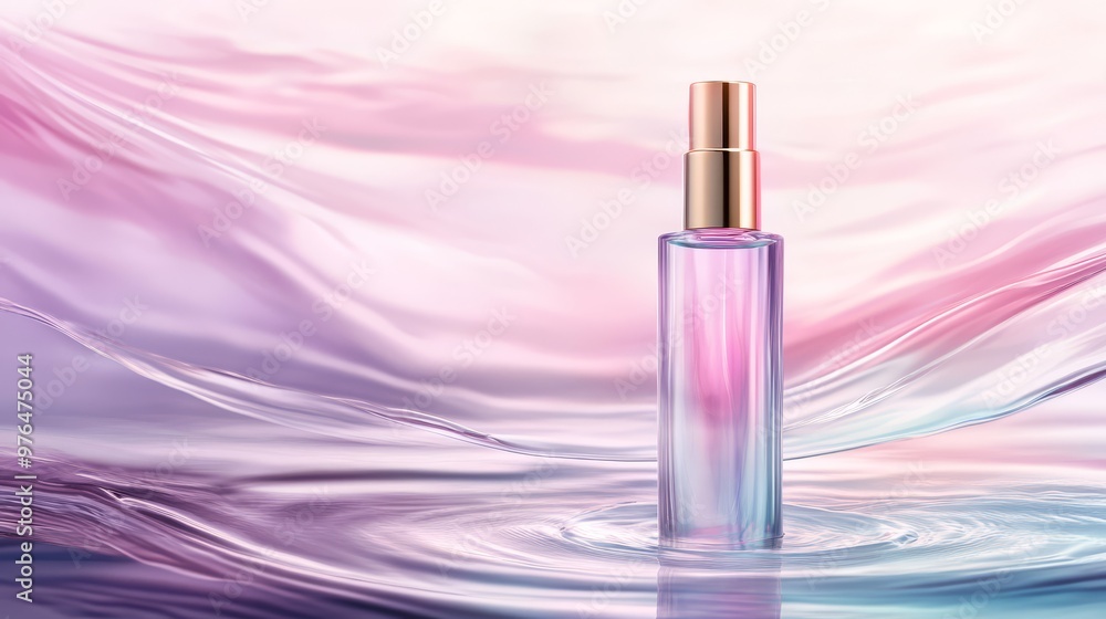Elegant perfume bottle amidst swirling pastel hues of pink and purple, creating a serene and luxurious essence. Elegant perfume bottle amidst swirling pastel hues of pink and purple, creating a serene and luxurious essence.