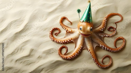 A playful octopus wearing a party hat, perfect for celebrating fun aquatic themes and ocean adventures. photo