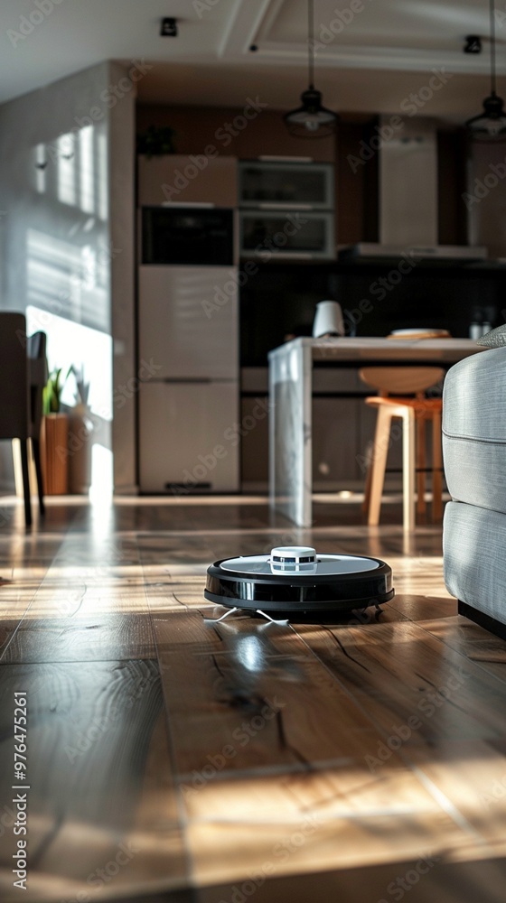 Modern kitchen with sunlight streaming through windows, highlighting wooden floors and a robotic vacuum cleaner in the foreground. Modern kitchen with sunlight streaming through windows, highlighting wooden floors and a robotic vacuum cleaner in the foreground.
