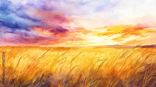 Fototapeta Naklejka Na Ścianę i Meble -  Watercolor painting of a field of grass with a sunset sky.