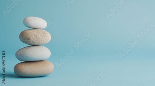 Balance life coaching self realization stones on blue background. Web banner with copy space. photo