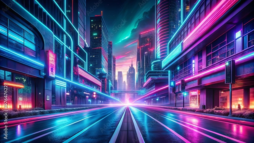 Vibrant neon-lit road under a vivid starry night, with a sci-fi twist Vibrant neon-lit road under a vivid starry night, with a sci-fi twist