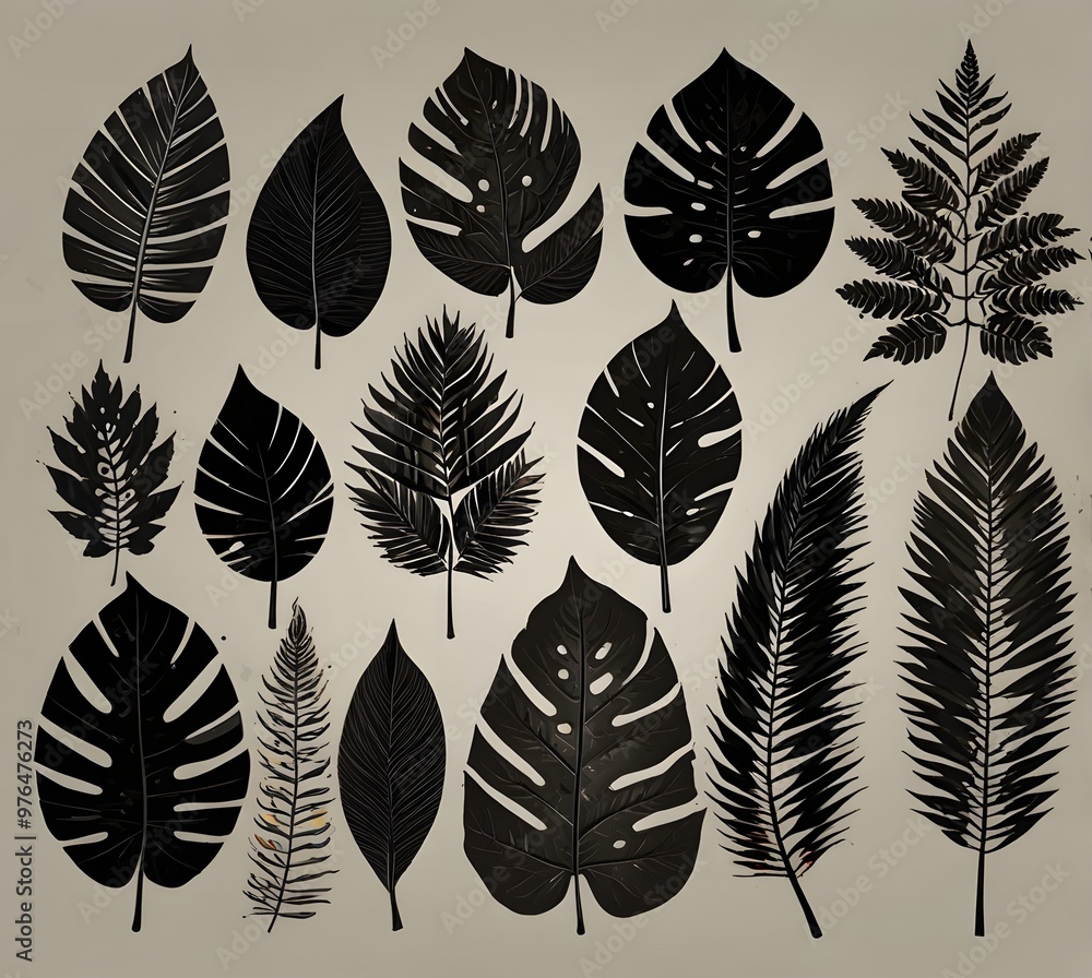 Set of hand drawn tropical leaves. Black silhouette of exotic leaves on an isolated background. Vector. Set of hand drawn tropical leaves. Black silhouette of exotic leaves on an isolated background. Vector.