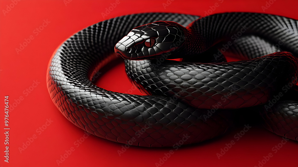 A sleek black snake coiled against a vibrant red background, showcasing its glossy scales and intricate texture for a striking visual. A sleek black snake coiled against a vibrant red background, showcasing its glossy scales and intricate texture for a striking visual.