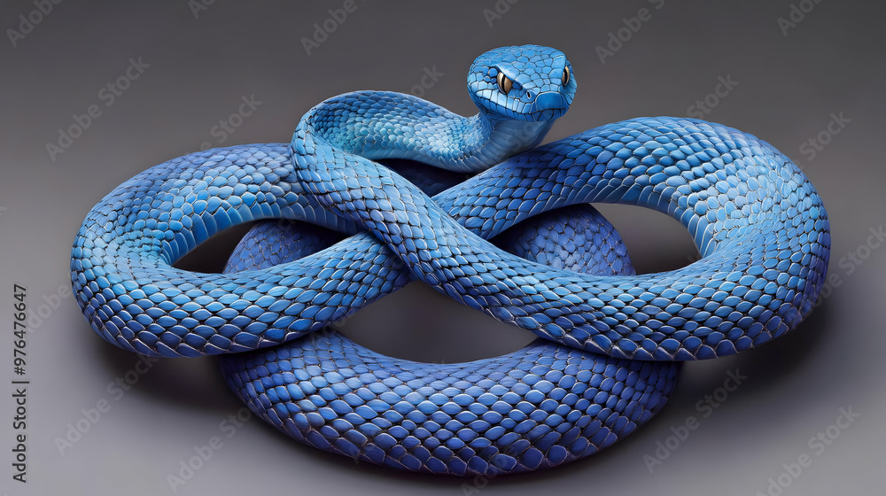 Obraz premium A striking blue snake coiled elegantly, showcasing its vibrant scales and unique texture in a captivating composition.