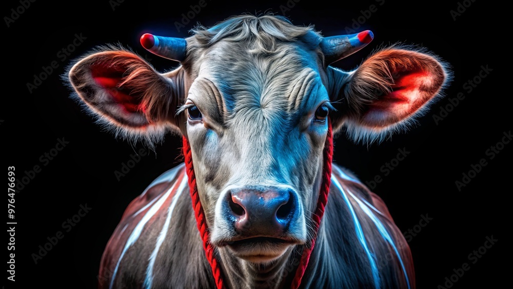 Close up of cow's head with red and blue lines on black background Close up of cow's head with red and blue lines on black background