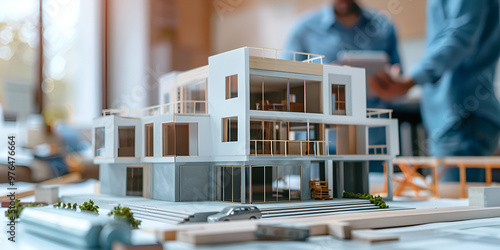 Model of modern house on architect's workspace, Architectural design model of a contemporary home
