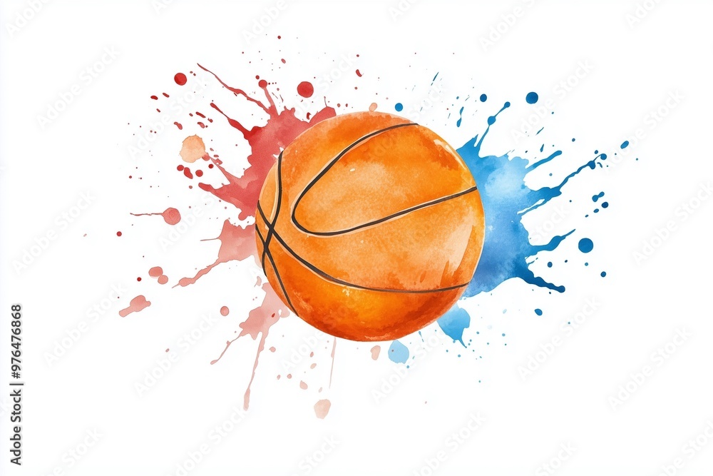 Watercolor Basketball with Paint Splatters and Streaks Watercolor Basketball with Paint Splatters and Streaks
