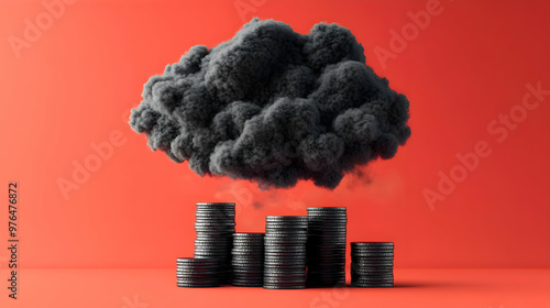 A striking visual of dark clouds over a stack of coins, symbolizing financial uncertainty and economic challenges. photo