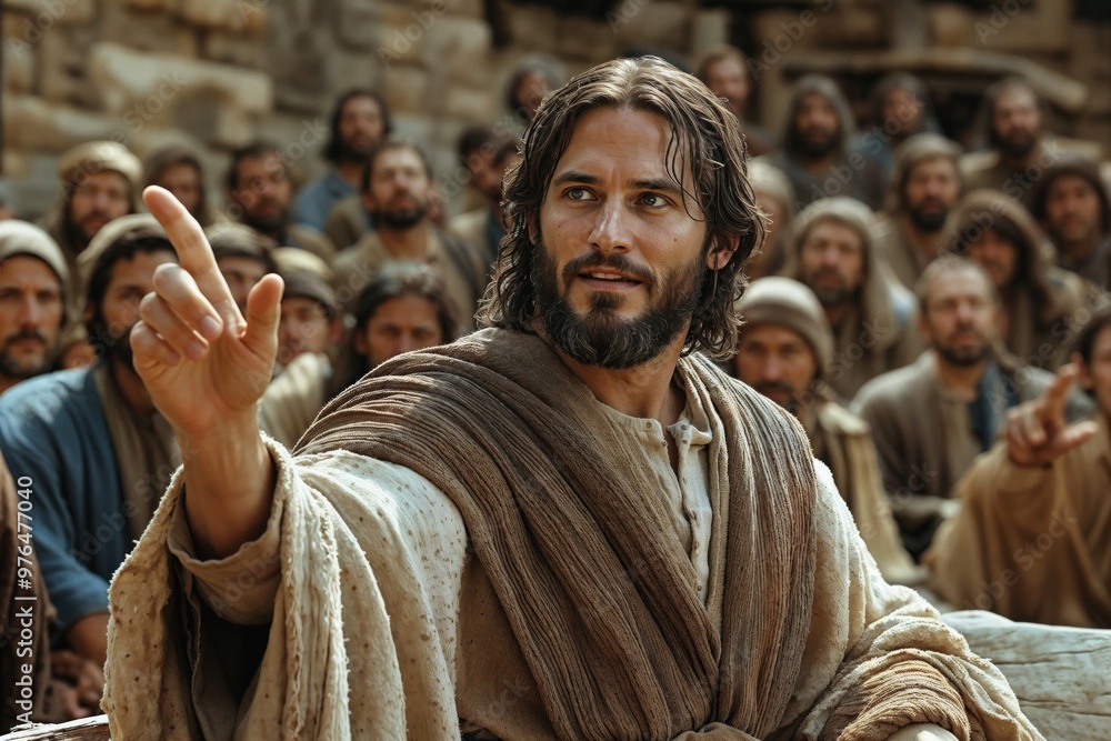 Naklejka premium Jesus Cristo cercado por seus discípulos em uma cena bíblica, representando fé, esperança e união.