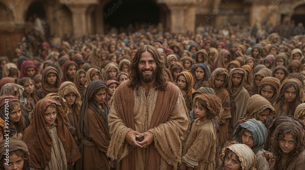 Fototapeta premium Jesus Cristo sorrindo cercado por seus crianças e adultos seguidores