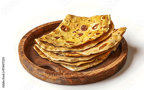 Board and plate of tasty Chapati with on white background. photo