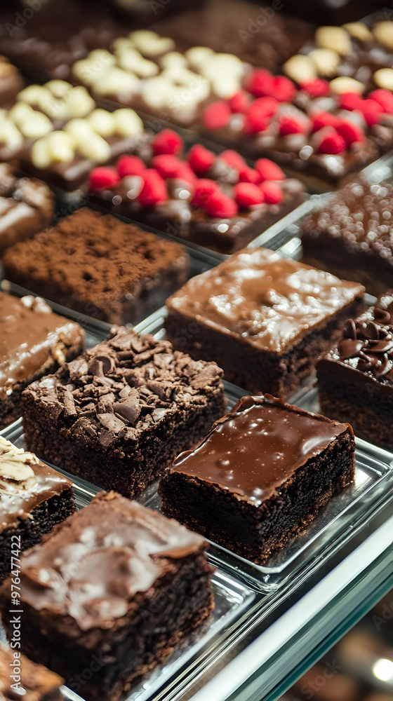 A tempting display of chocolate brownies topped with various toppings, perfect for dessert lovers and sweet treats. A tempting display of chocolate brownies topped with various toppings, perfect for dessert lovers and sweet treats.