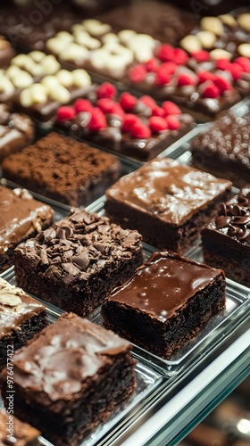 A tempting display of chocolate brownies topped with various toppings, perfect for dessert lovers and sweet treats.