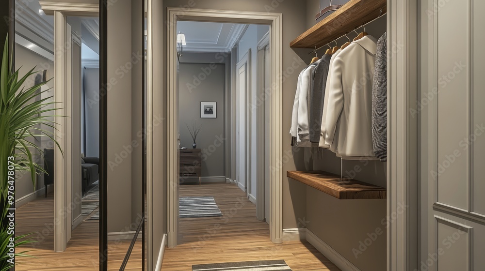 Corridor in the apartment with a mirror and a clothes hanger. Entrance door with glass Corridor in the apartment with a mirror and a clothes hanger. Entrance door with glass