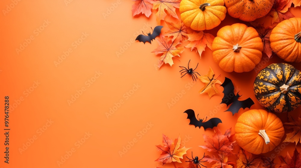 Halloween flat lay composition with pumpkins spiders bats maple leaves on orange background. Happy Halloween holiday concept. Flat lay top view copy space. Halloween flat lay composition with pumpkins spiders bats maple leaves on orange background. Happy Halloween holiday concept. Flat lay top view copy space.