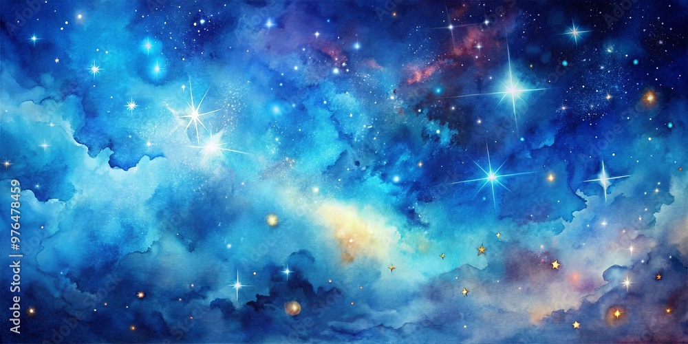 Fototapeta premium A serene watercolor painting featuring a stunning blue space background with stars and nebulae